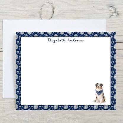 Personalized Australian Shepherd Navy Blue Paisley Notecard Set
