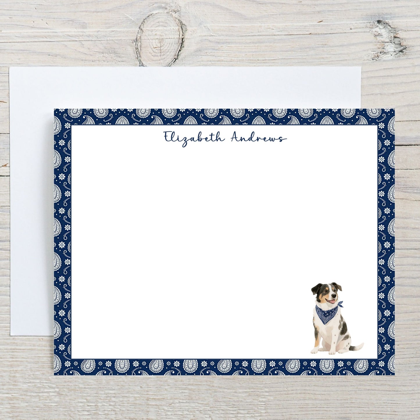Personalized Australian Cattle Dog Navy Blue Paisley Notecard Set