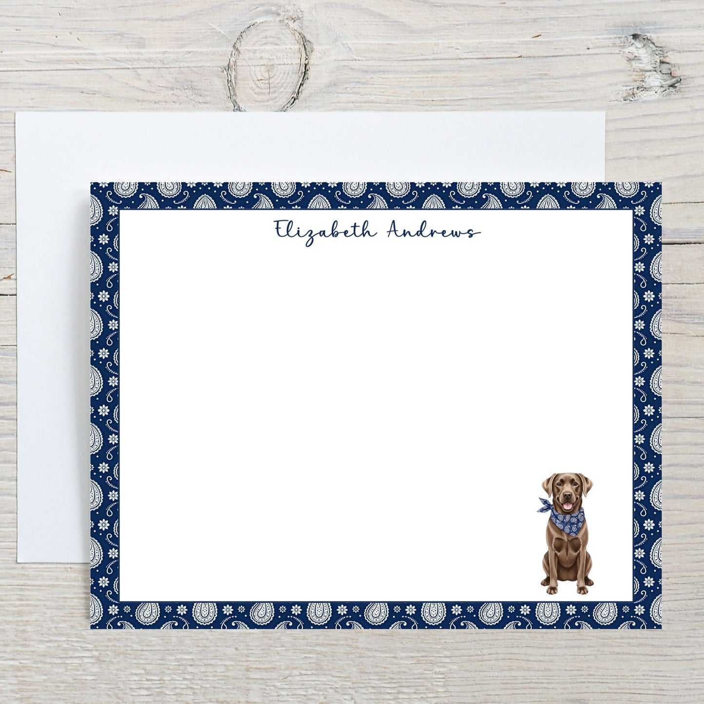 Chocolate Labrador Retriever Navy Blue Paisley Notecard Set