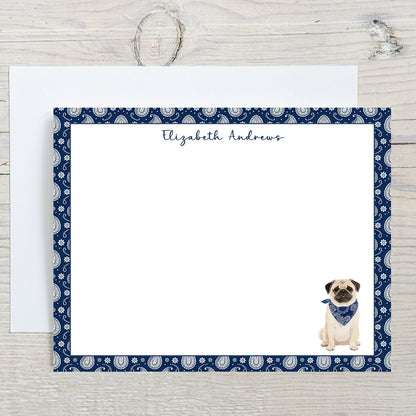 Personalized Pug Dog Navy Blue Paisley Notecard Set