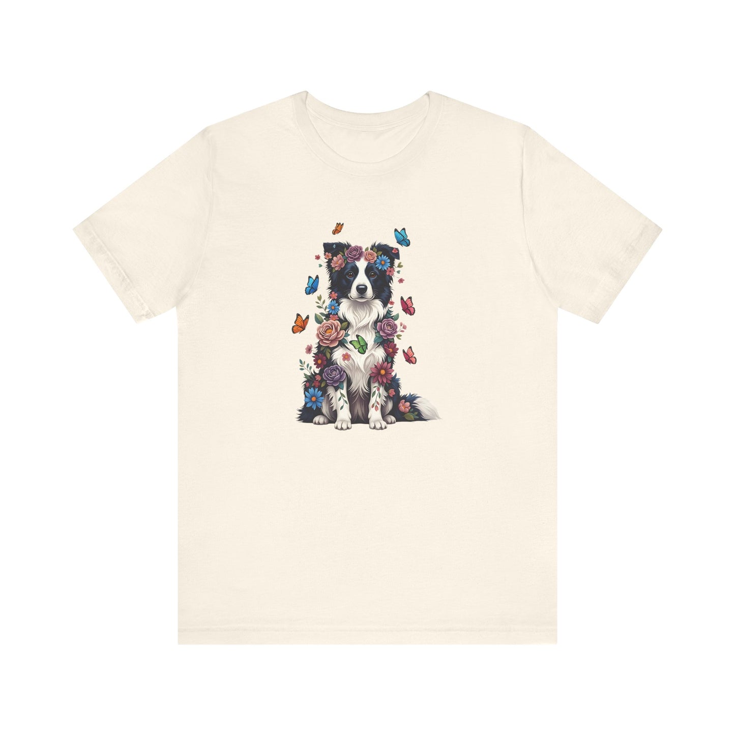 Whimsical Floral Border Collie Tee – Colorful Dog Lover Shirt with Butterflies