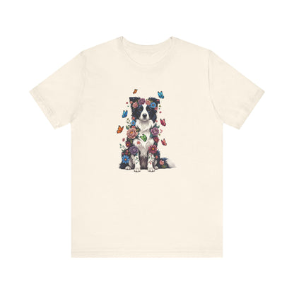 Whimsical Floral Border Collie Tee – Colorful Dog Lover Shirt with Butterflies