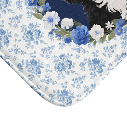 Blue Floral Portie Bath Mat – Cute Portuguese Water Dog Bathroom Rug