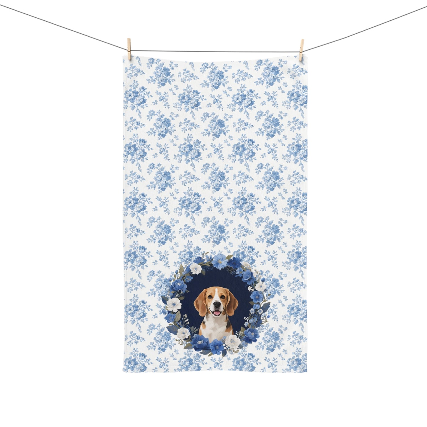 Blue Floral Beagle Dog Portrait Hand Towel – Cute Pet Bathroom Accessory