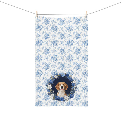 Blue Floral Beagle Dog Portrait Hand Towel – Cute Pet Bathroom Accessory