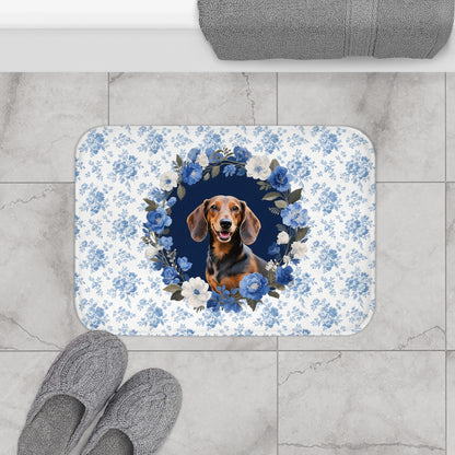 Blue Floral Doxie Bath Mat – Cute Dachshund Dog Bathroom Rug