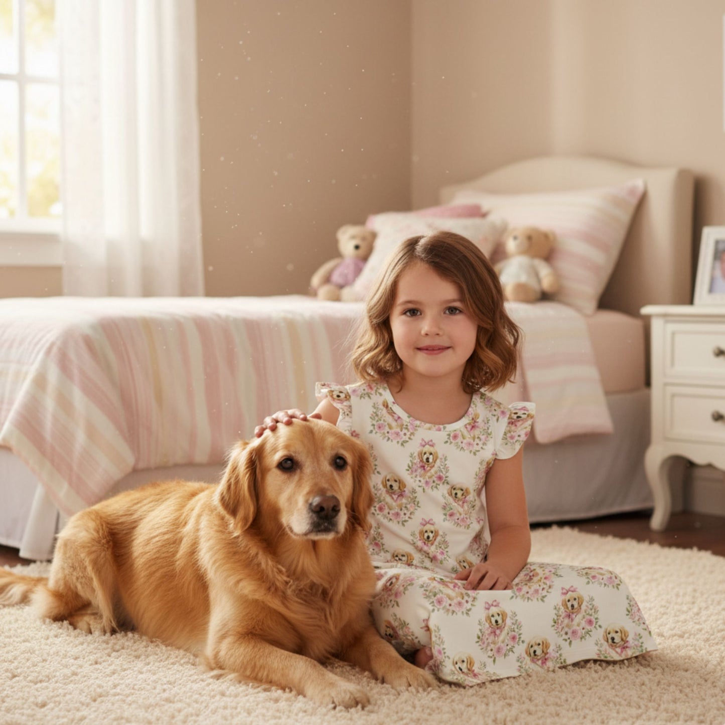 Golden Retriever Girl's Flutter Sleeve Nightgown