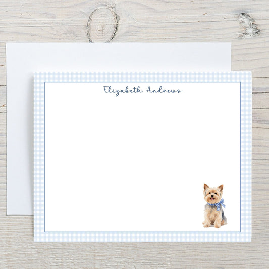 Yorkshire Terrier Dog Blue Gingham Personalized Notecard Set