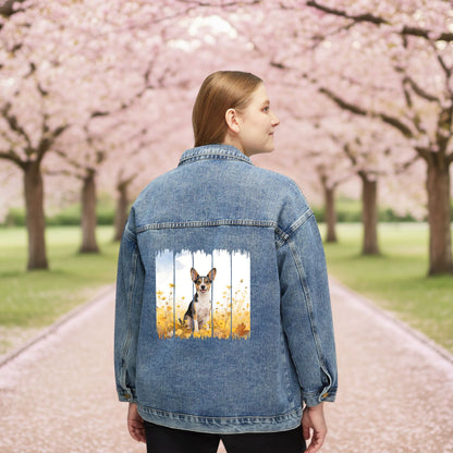 Trendy Rat Terrier Dog Women's Denim Jacket, Dog Demin Jacket, Gift for Rat Terrier Dog Mom, Gift for Dog Lovers, Fall Dog Style