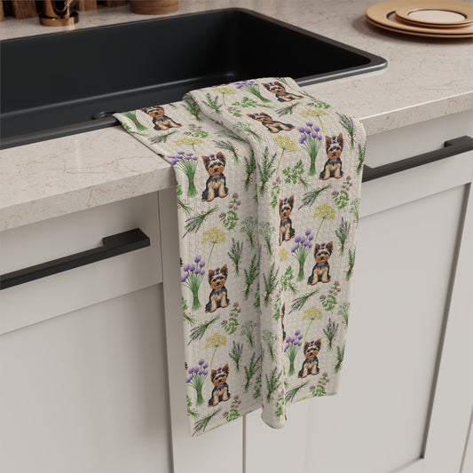 Yorkshire Terrier Dog & Herbs Tea Towel - Floral Dog Kitchen Towel