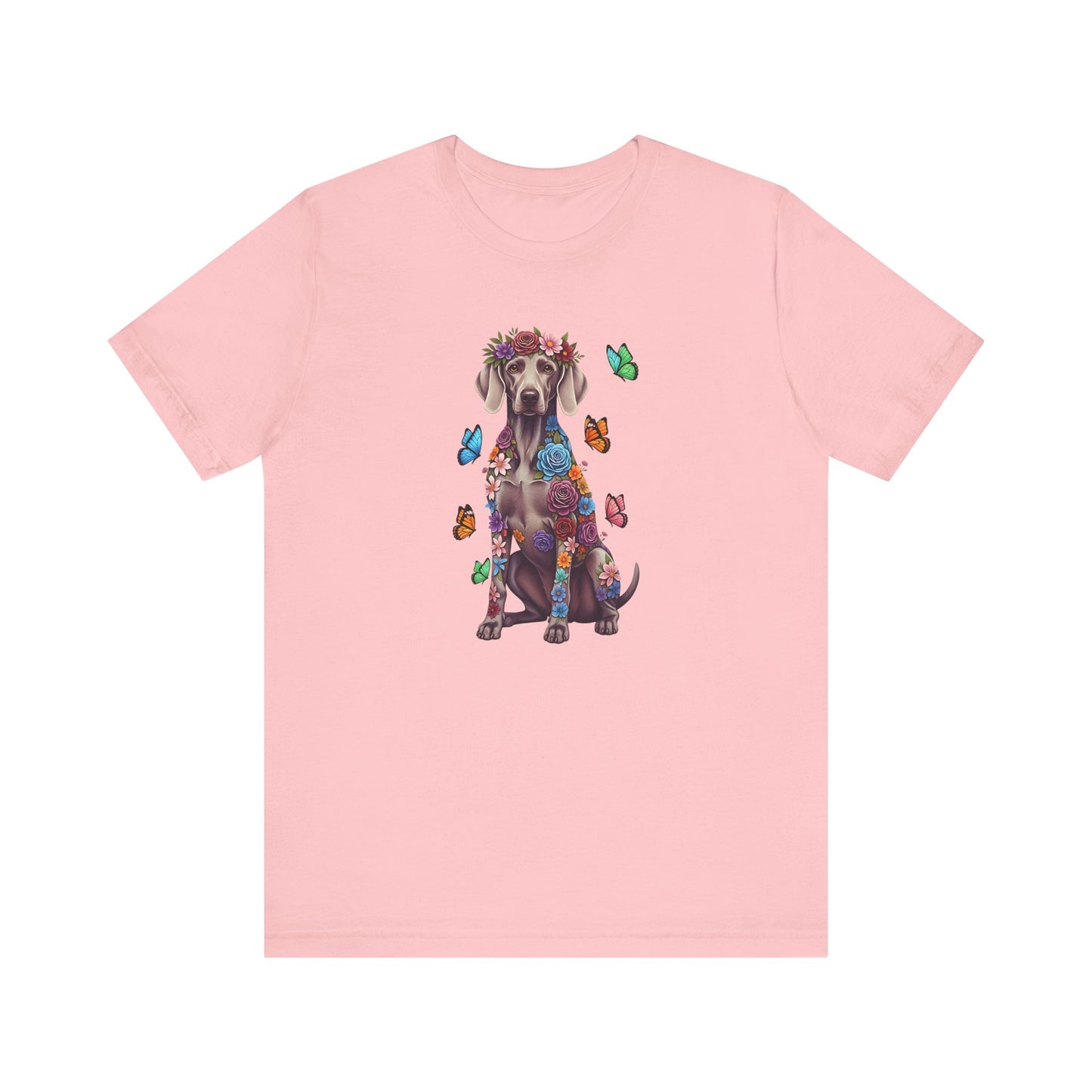 Whimsical Floral Weimaraner Tee – Colorful Dog Lover Shirt with Butterflies