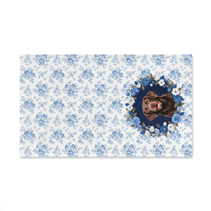 Blue Floral Chocolate Labrador Retriever Dog Portrait Hand Towel – Cute Pet Bathroom Accessory