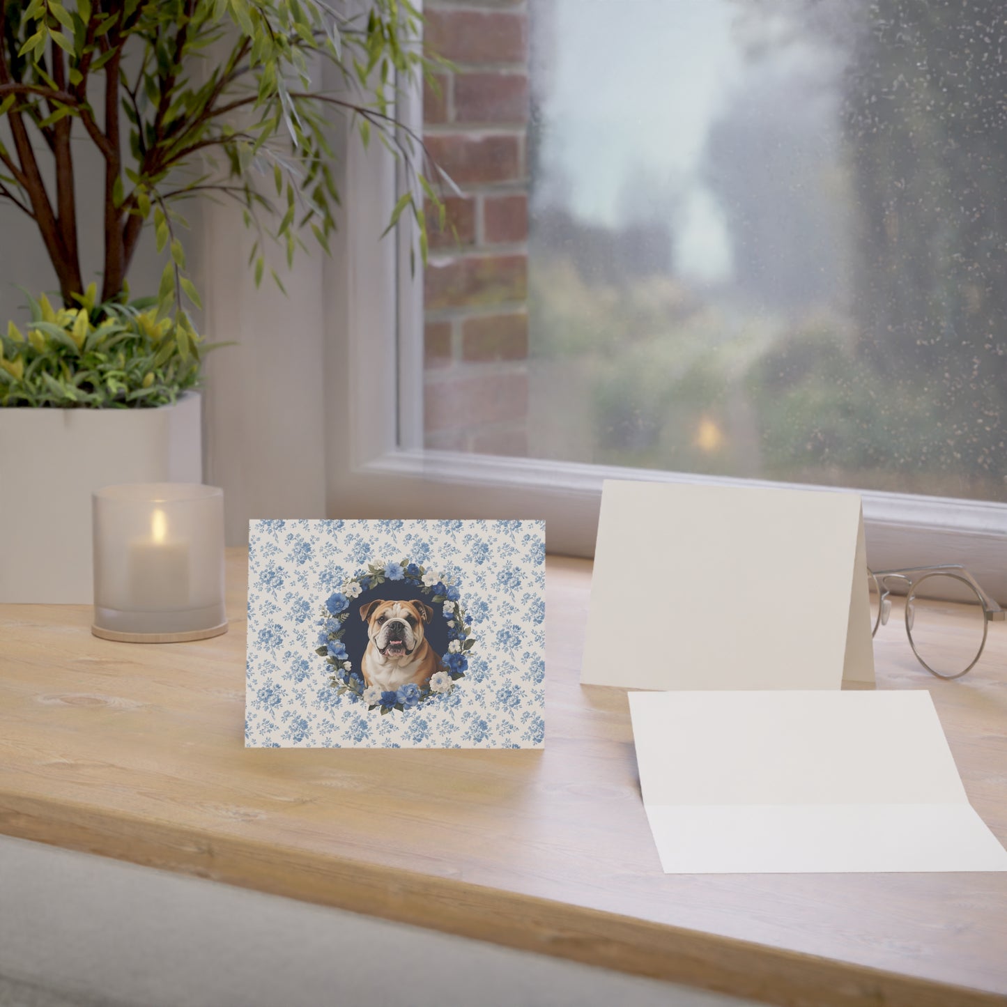 English Bulldog Blue Floral Greeting Card Set
