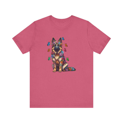 Whimsical Floral German Shepherd Tee – Colorful Dog Lover Shirt with Butterflies