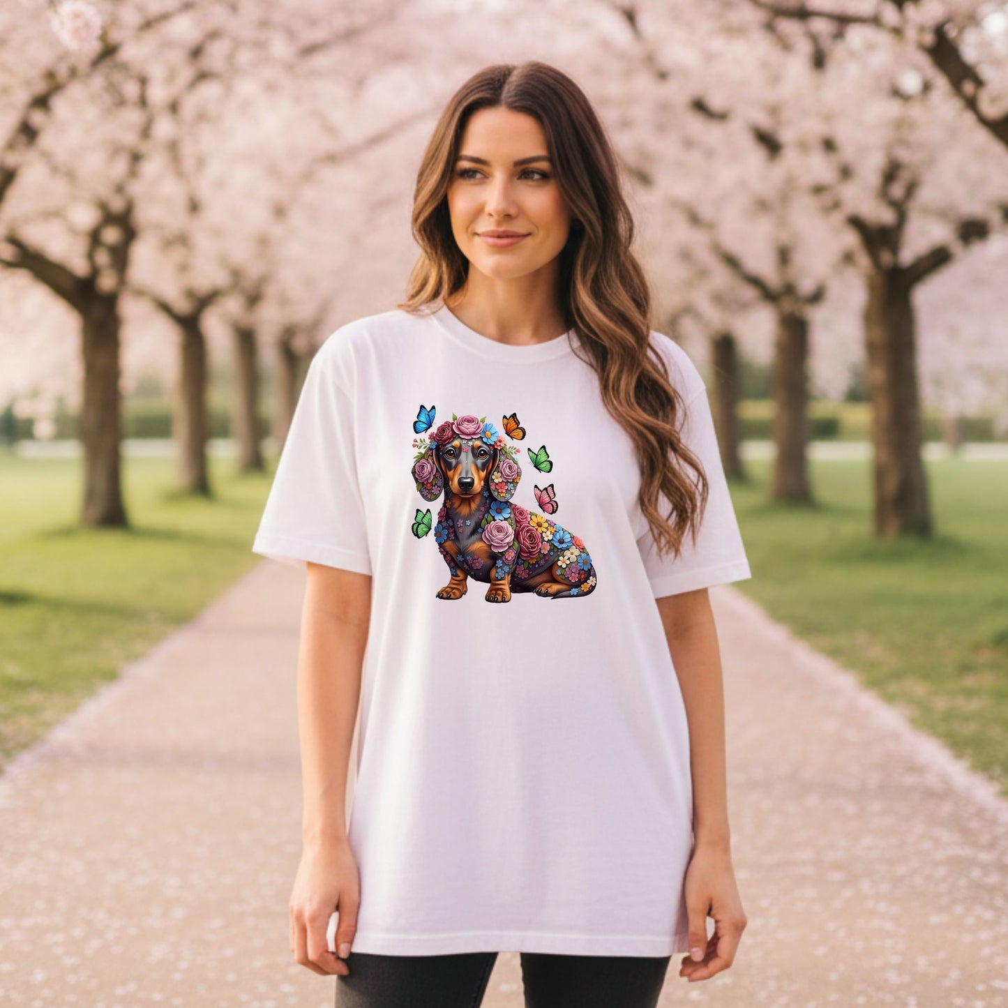 Whimsical Floral Dachshund Tee – Colorful Dog Lover Shirt with Butterflies
