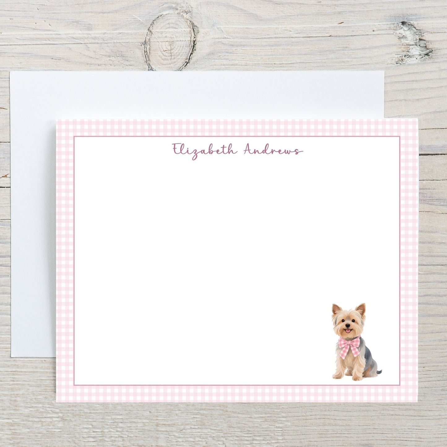 Yorkshire Terrier Dog Pink Gingham Personalized Notecard Set