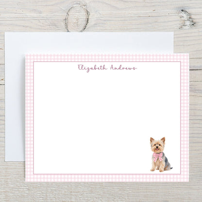 Yorkshire Terrier Dog Pink Gingham Personalized Notecard Set