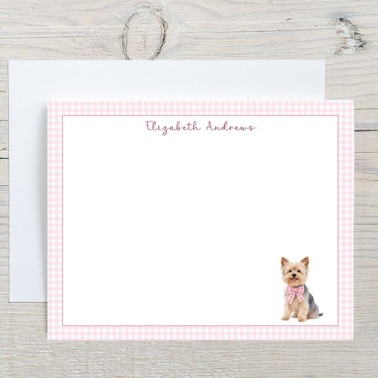 Yorkshire Terrier Dog Pink Gingham Personalized Notecard Set