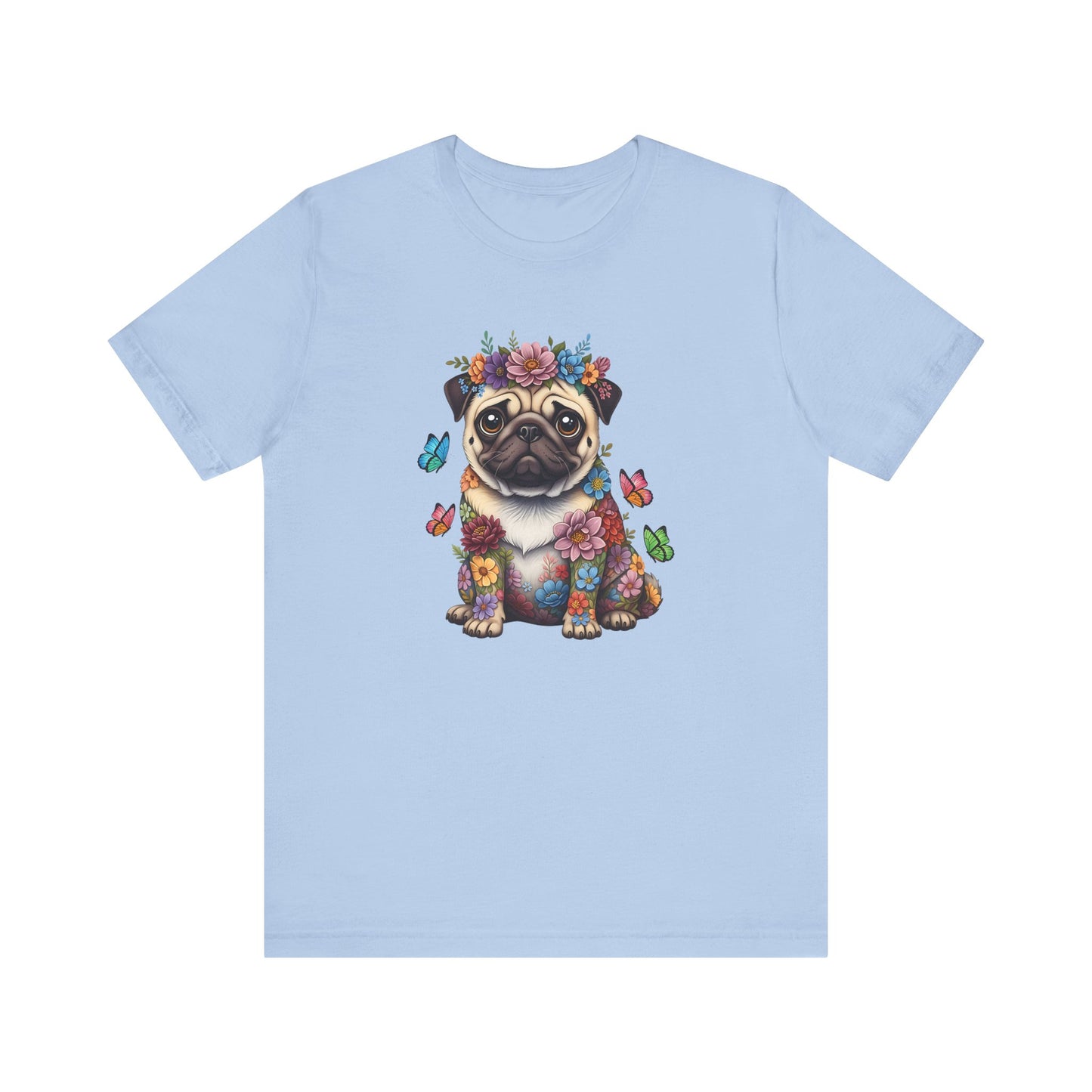 Whimsical Floral Pug Tee – Colorful Dog Lover Shirt with Butterflies