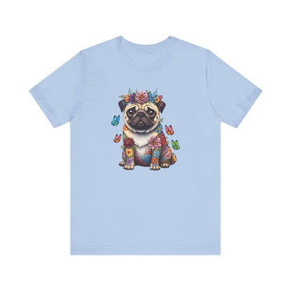 Whimsical Floral Pug Tee – Colorful Dog Lover Shirt with Butterflies