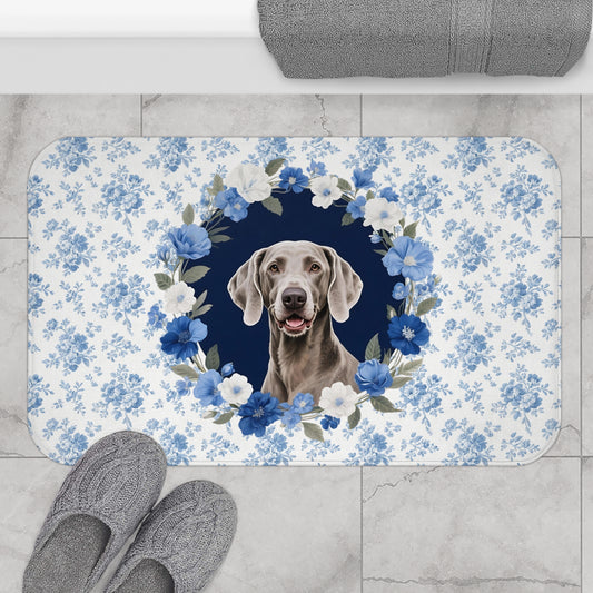 Blue Floral Weimaraner Bath Mat – Cute Weimaraner Dog Bathroom Rug