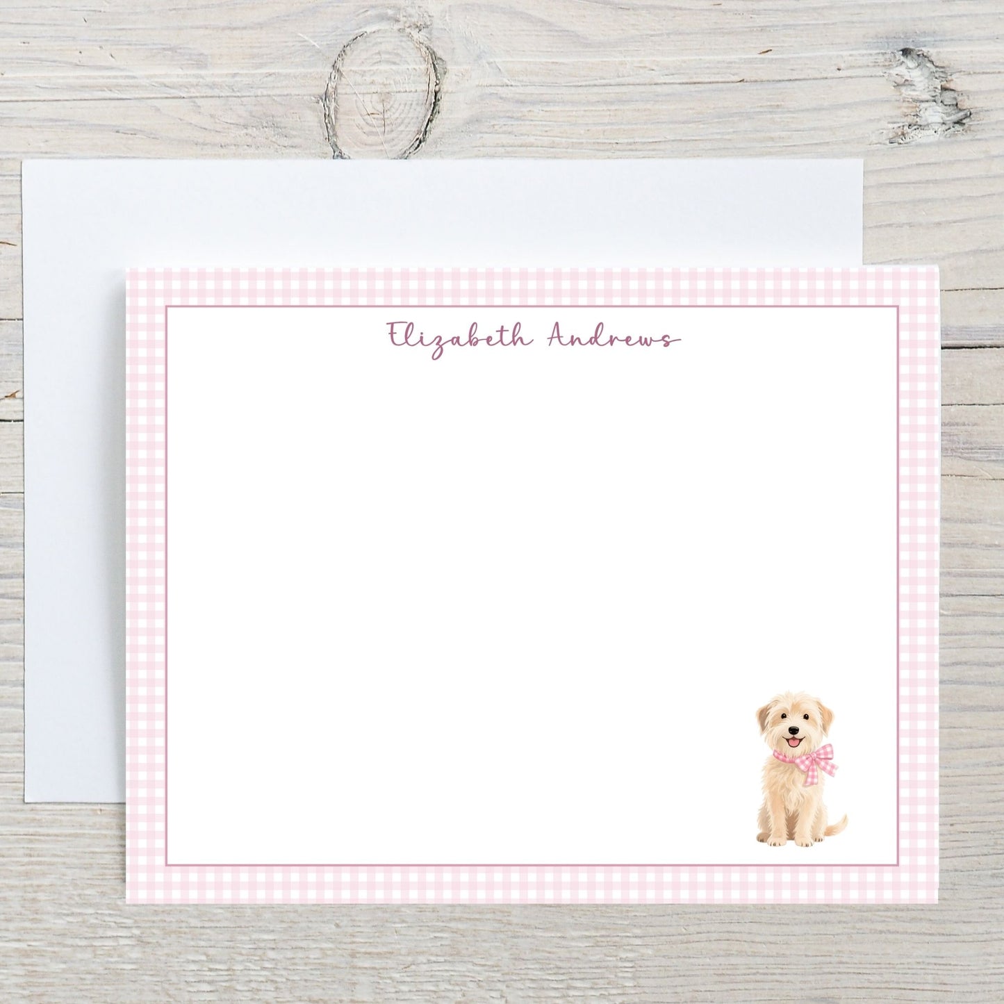 Wheaten Terrier Dog Pink Gingham Personalized Notecard Set