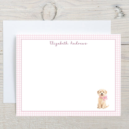 Wheaten Terrier Dog Pink Gingham Personalized Notecard Set