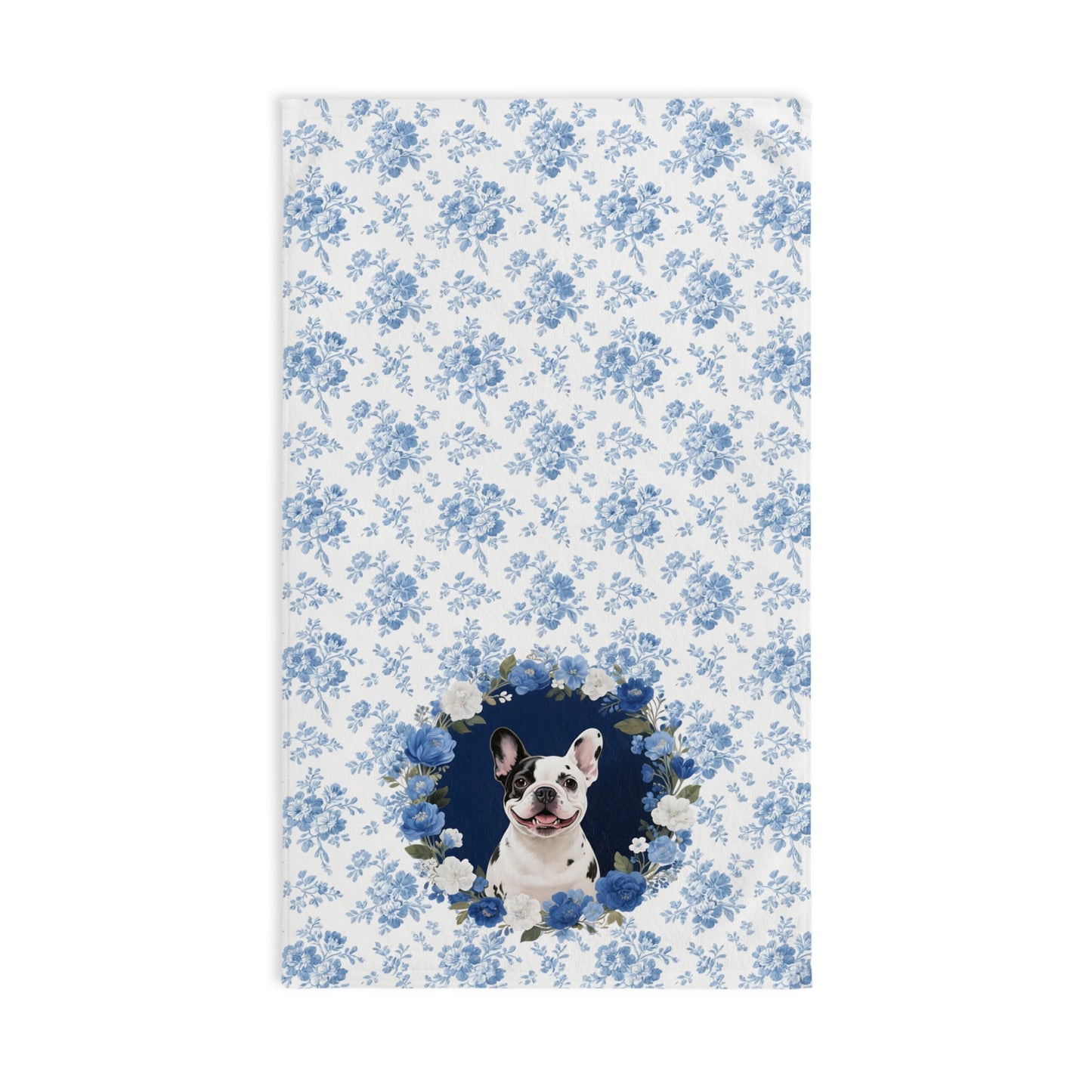 Blue Floral Pied French Bulldog Portrait Hand Towel – Cute Pet Bathroom Accessory