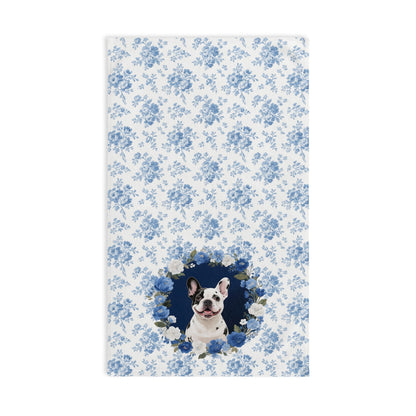 Blue Floral Pied French Bulldog Portrait Hand Towel – Cute Pet Bathroom Accessory