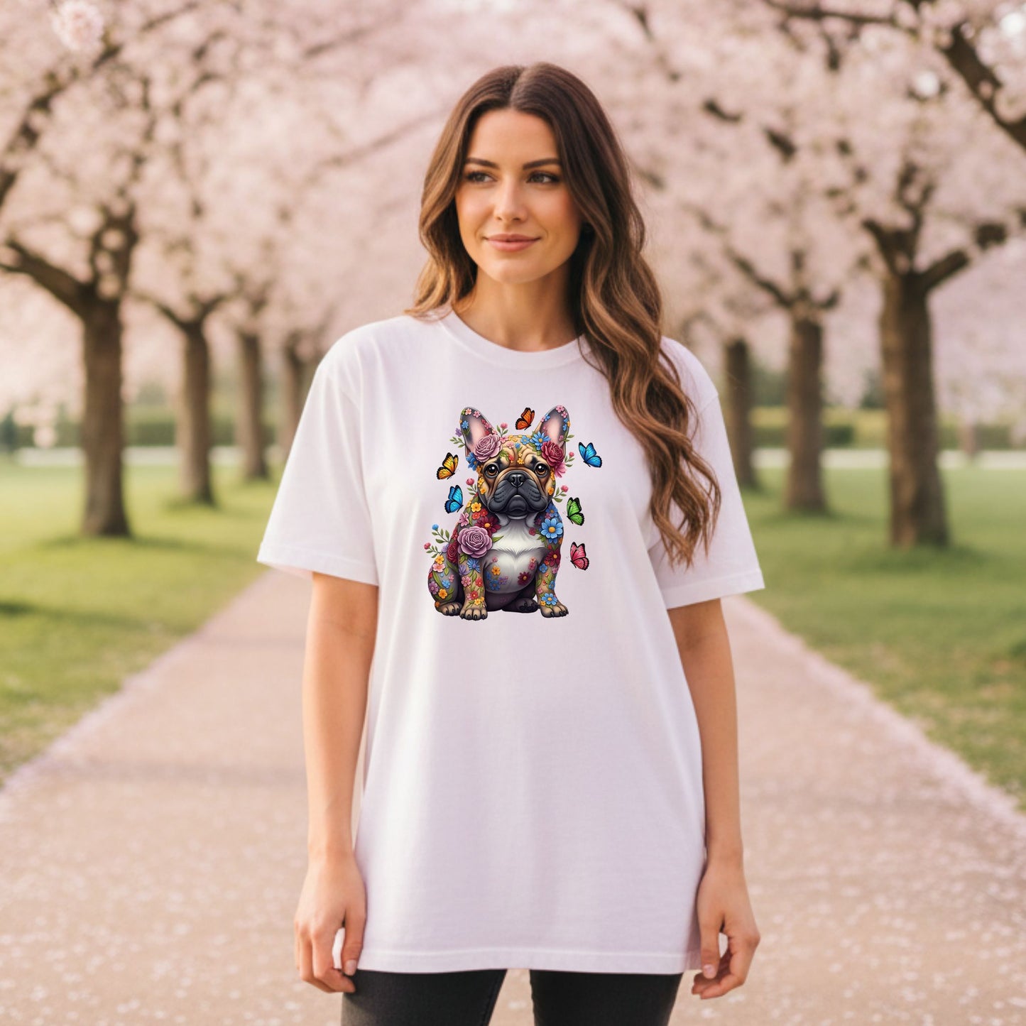 Whimsical Floral French Bulldog Tee – Colorful Dog Lover Shirt with Butterflies