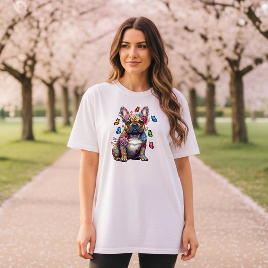 Whimsical Floral French Bulldog Tee – Colorful Dog Lover Shirt with Butterflies