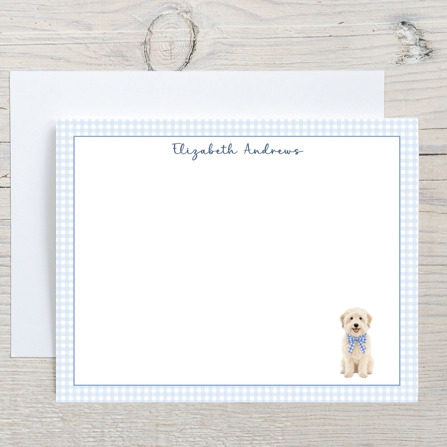 Wheaten Terrier Dog Blue Gingham Personalized Notecard Set