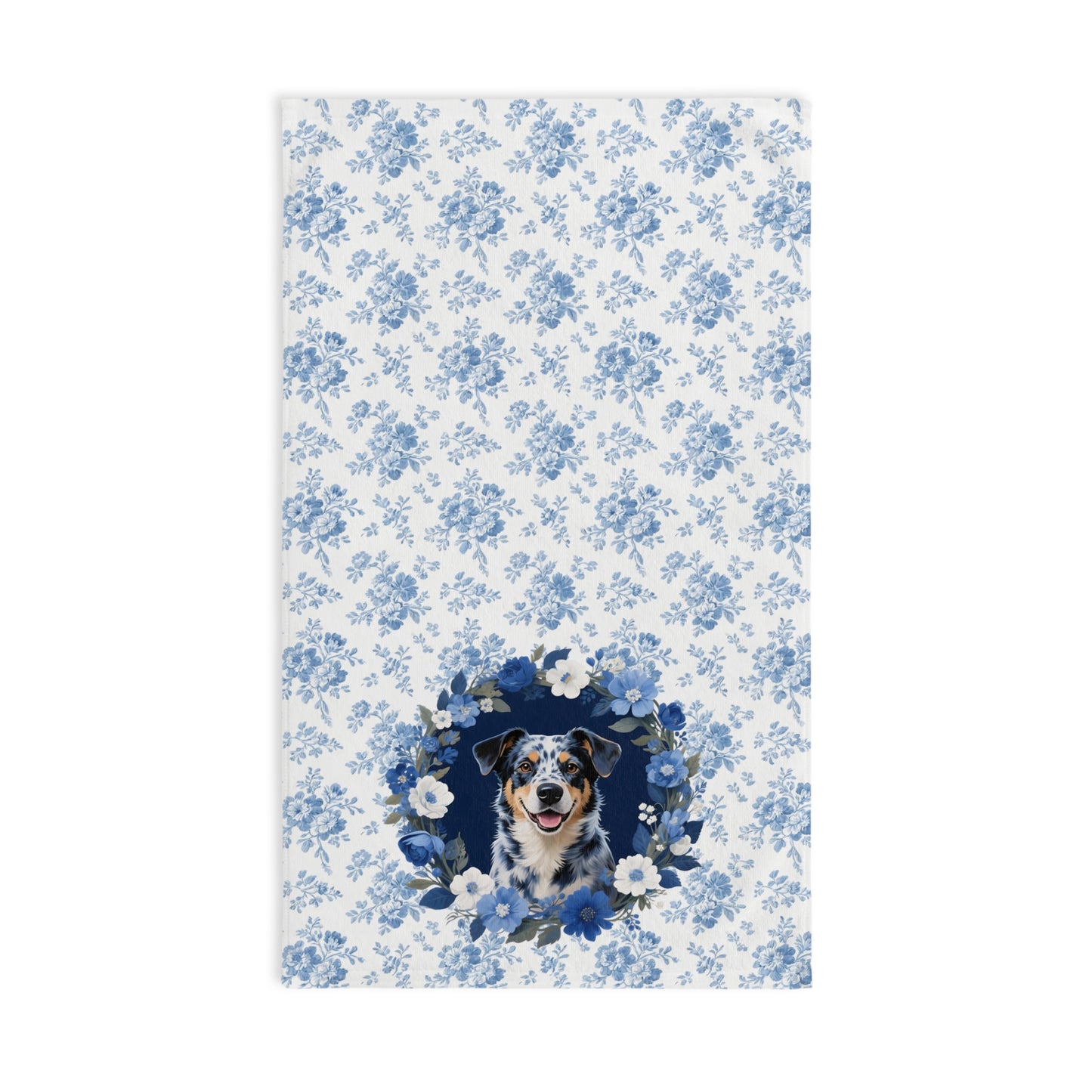 Blue Floral Australian Cattle Dog Portrait Hand Towel – Cute Pet Bathroom Accessory