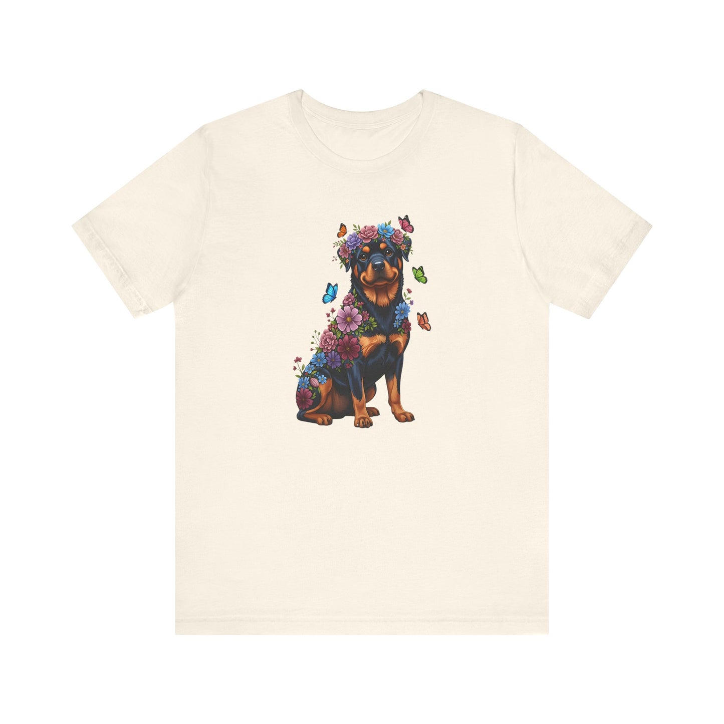 Whimsical Floral Rottweiler Tee – Colorful Dog Lover Shirt with Butterflies