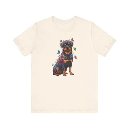 Whimsical Floral Rottweiler Tee – Colorful Dog Lover Shirt with Butterflies