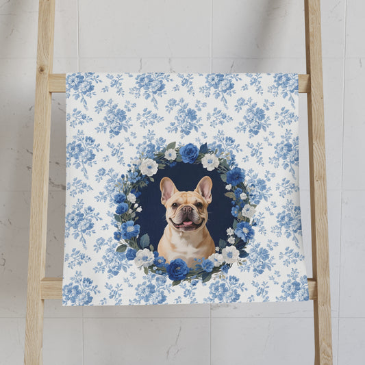 Blue Floral Fawn French Bulldog Portrait Hand Towel – Cute Pet Bathroom Accessory