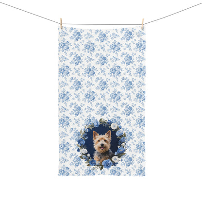 Blue Floral Cairn Terrier Dog Portrait Hand Towel – Cute Pet Bathroom Accessory