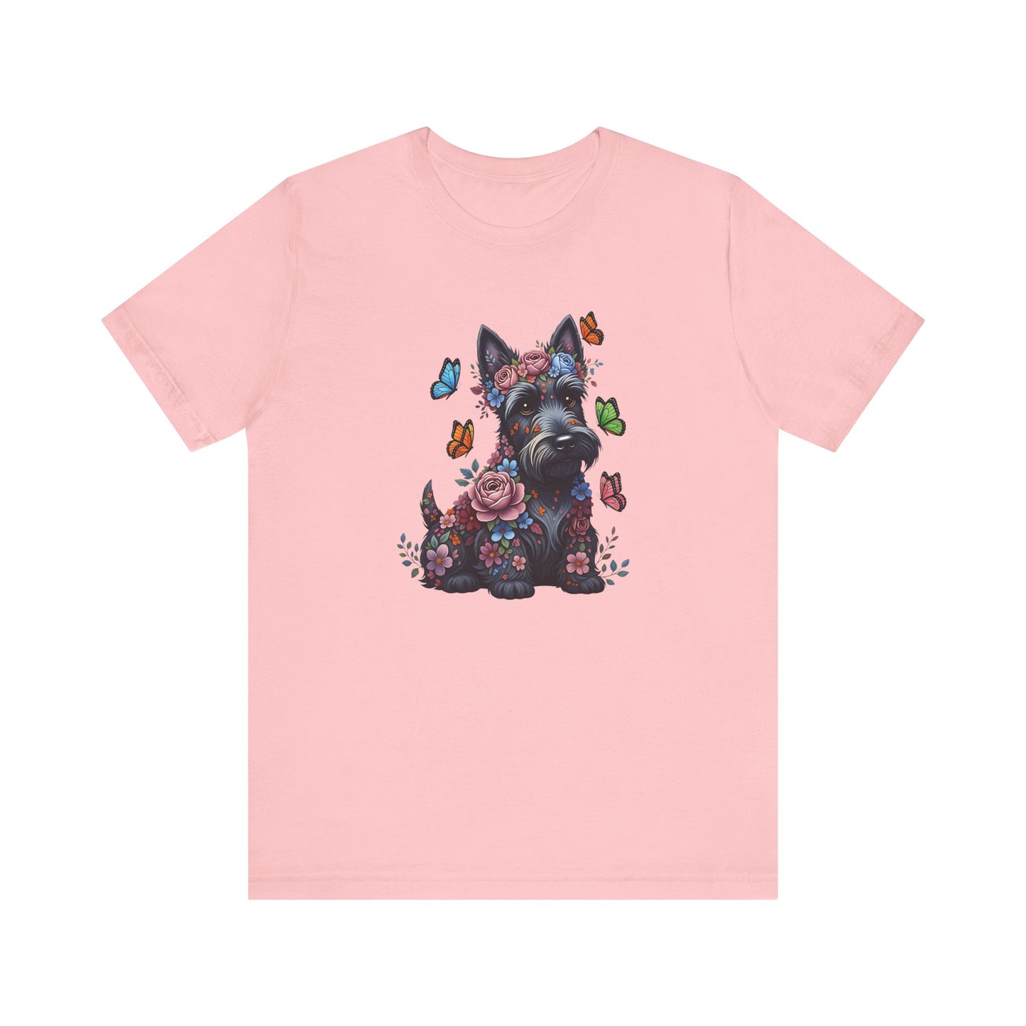 Whimsical Floral Scottish Terrier Tee – Colorful Dog Lover Shirt with Butterflies