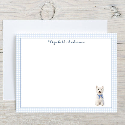 West Highland White Terrier Dog Blue Gingham Personalized Notecard Set