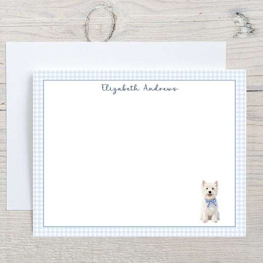West Highland White Terrier Dog Blue Gingham Personalized Notecard Set