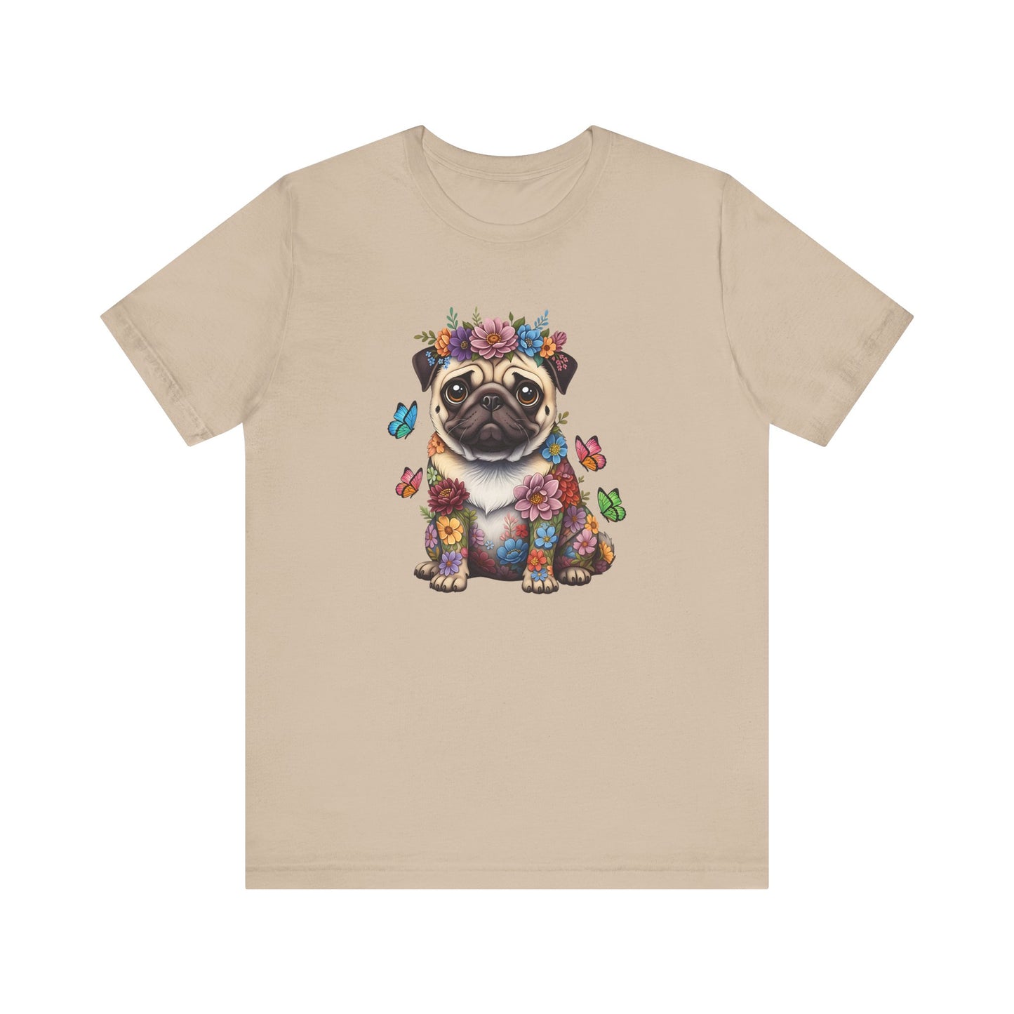 Whimsical Floral Pug Tee – Colorful Dog Lover Shirt with Butterflies