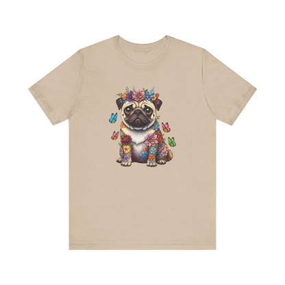 Whimsical Floral Pug Tee – Colorful Dog Lover Shirt with Butterflies
