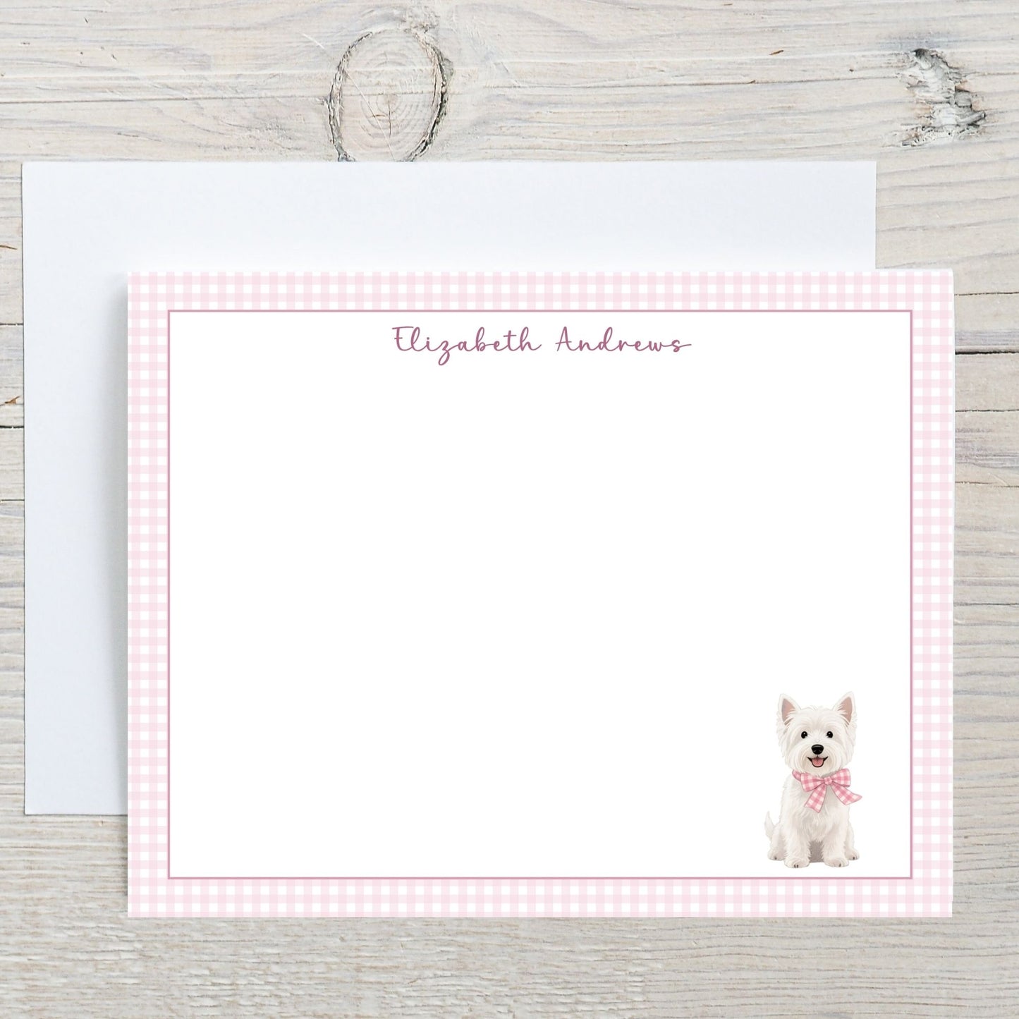 West Highland White Terrier Dog Pink Gingham Personalized Notecard Set