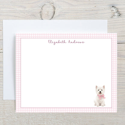West Highland White Terrier Dog Pink Gingham Personalized Notecard Set