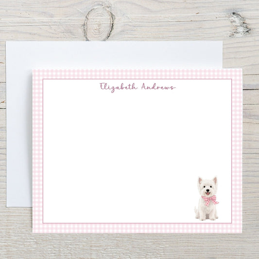 West Highland White Terrier Dog Pink Gingham Personalized Notecard Set