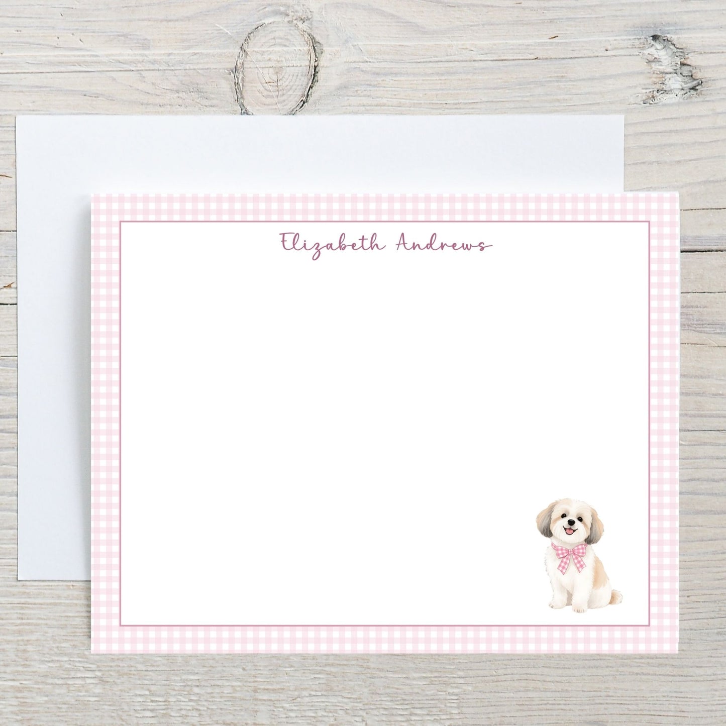 Shih Tzu Dog Pink Gingham Personalized Notecard Set