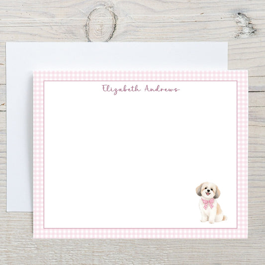 Shih Tzu Dog Pink Gingham Personalized Notecard Set