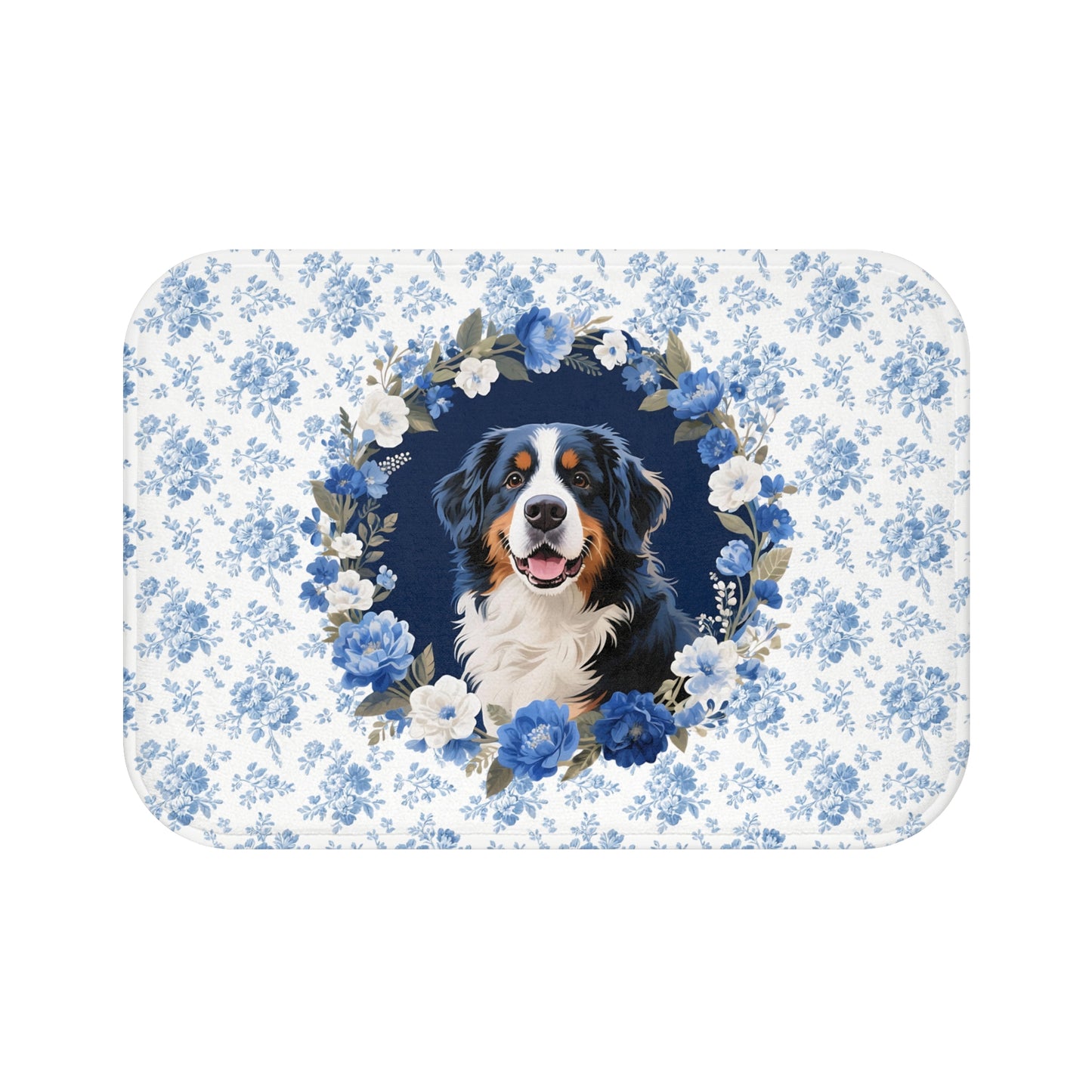 Blue Floral Berner Bath Mat – Cute Bernese Mountain Dog Bathroom Rug