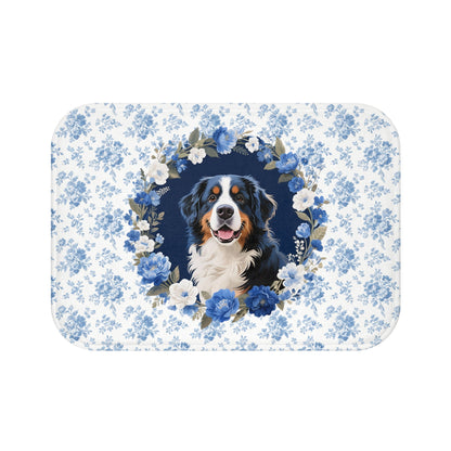 Blue Floral Berner Bath Mat – Cute Bernese Mountain Dog Bathroom Rug