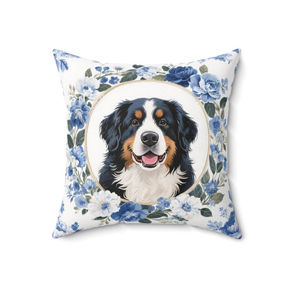 Bernese Mountain Dog Blue Floral Throw Pillow